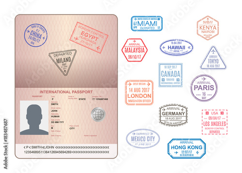 Template of an open passport with stamps, seals. Travel, immigration.