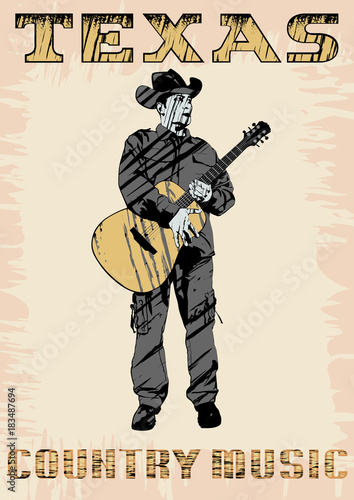 Cowboy in hat with guitar on a white background