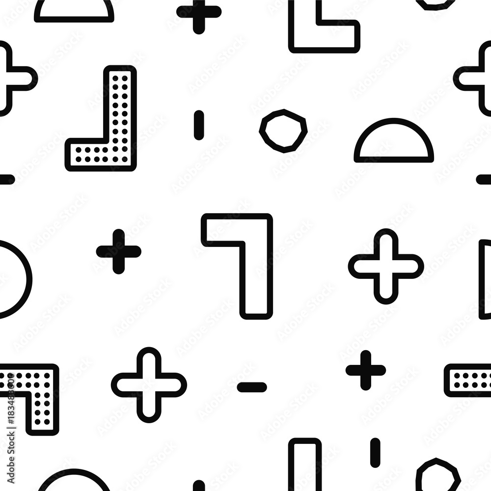 Abstraction of a modern style with a composition of various geometric shapes. Seamless vector illustration. Memphis, retro texture. Fashion 80's 90's. Background for printing. Abstraction of a modern style with a composition of various geometric shapes. Seamless vector illustration. Memphis, retro texture. Fashion 80's 90's. Background for printing.
