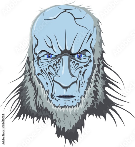 The blue head of a zombie with an icy gaze