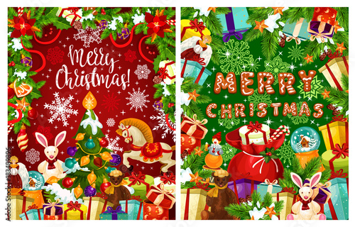 Christmas tree with gift for winter holidays card