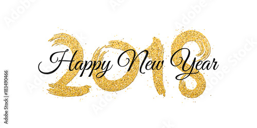 Happy new year 2018. Numbers of golden glitters with black text on a white background. Gold sand. Abstract background for the banner. Brush in grunge style. Vector