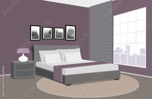 Modern bedroom interior. Room in the hotel. Vector illustration.