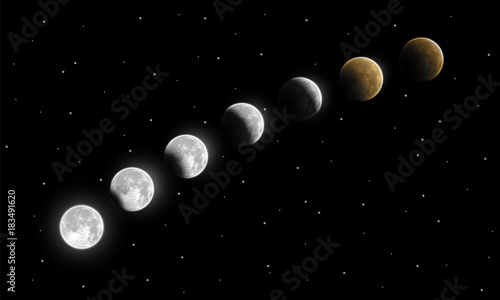 Realistic full and partial lunar eclipse phases vector illustration. Umbra and penumbra moon eclipse. Vivid and rare astronomical phenomenon depiction for different designs.