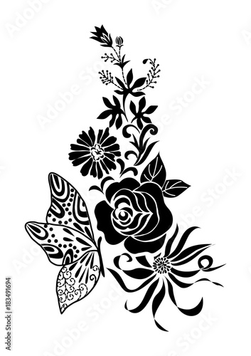 abstract black flower bouquet with butterfly tattoo, isolated vector illustration