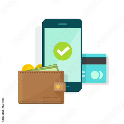 Digital mobile wallet vector illustration icon, flat design smartphone screen with electronic wallet and credit card, internet banking concept, wireless money transfer, internet cellphone payment