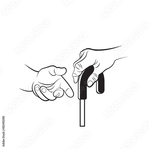 senior person hand with walking stick & young person giving hand in black outline-vector drawing