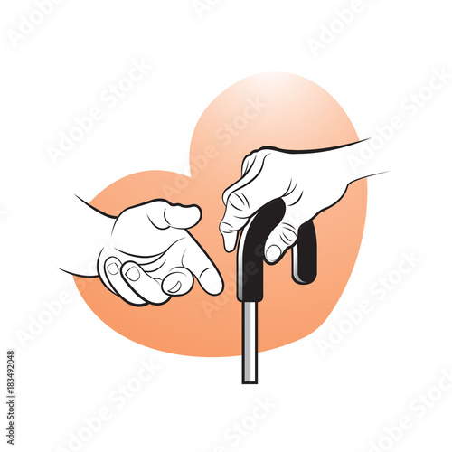 senior person hand with walking stick & young person giving hand over pink heart-vector drawing