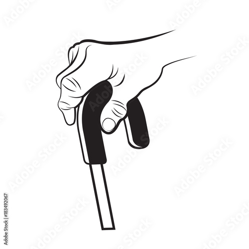 senior person hand with walking stick in black outline-vector drawing