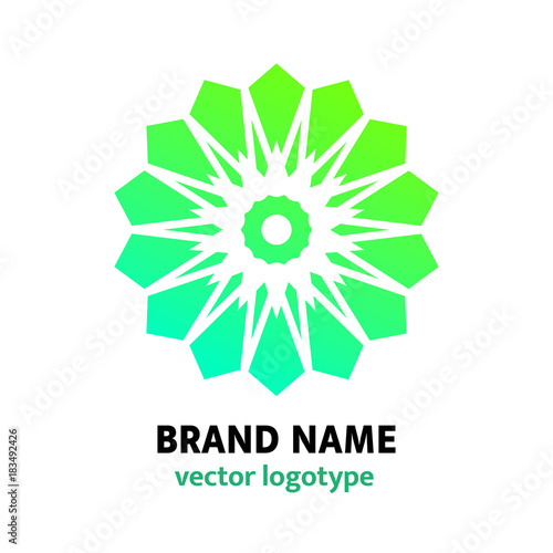 Flower logo design. Simple geometric logotype in arabic style. Company, brand name, mark. Emblem for bookstore, bookshop,publishing house, printery. Gradient green and blue flower.Mandala logo icon.