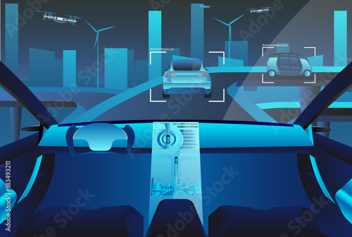 Autonomous self driving car with head up display on the road. Future concept. Vector illustration EPS 10