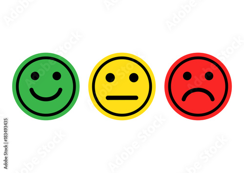 Green, yellow, red smileys emoticons icon positive, neutral and negative, different mood. Vector illustration