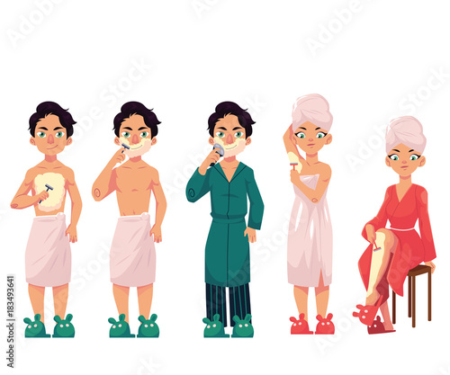 Set of people, men and women, shaving face, leg, breast, armpit with razor and electric shaver, cartoon vector illustration isolated on white background. Set of people shaving. removing hair at home