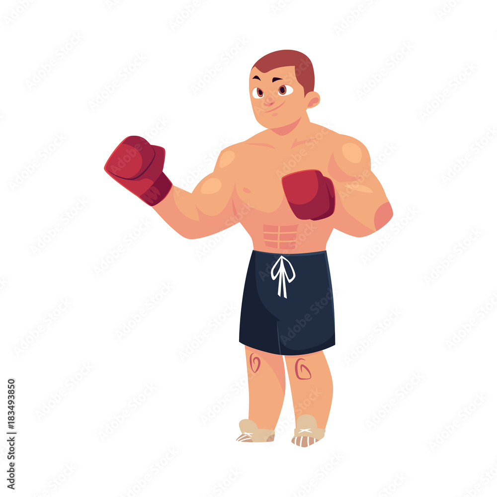 vector cartoon muscular strong handsome man bare torso and chest in boxing stand with red box gloves. Isolated illustration on a white background. vector cartoon muscular strong handsome man bare torso and chest in boxing stand with red box gloves. Isolated illustration on a white background.