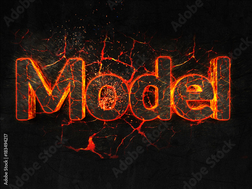 Model Fire text flame burning hot lava explosion background.