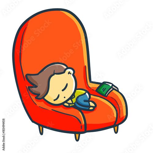 Cute and funny boy sleeping on a red big chair - vector.