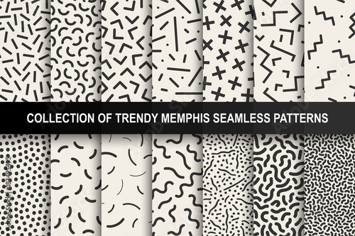 Collection of memphis seamless patterns. Fashion 80-90s. You can find seamless backgrounds in swatches panel