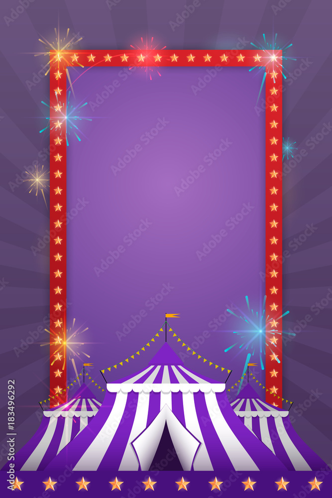 Naklejka premium Vector template for holiday with a tent and fireworks. Carnival and fun.