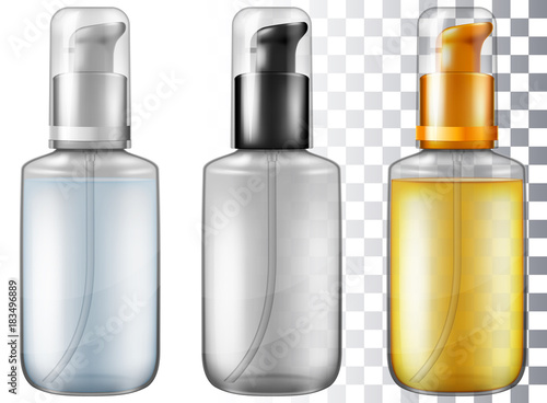 Cosmetic bottle with dispenser pump. Vector illustration with smart transparencies.