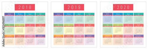 Colorfull calendar coolections for 2018, 2019 and 2020.