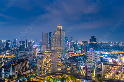 Bangkok business district skyline at night.
