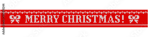 Congratulations on Christmas and New Year. Text on a red background in the form of a ribbon with a knitted fabric texture. Flat vector cartoon illustration. Objects isolated on white background.