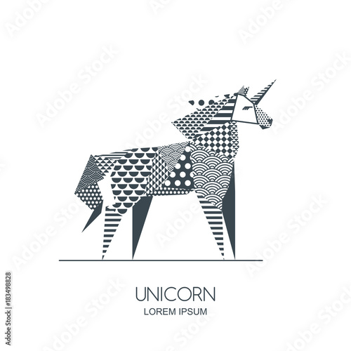 Vector black and white illustration of unicorn horse with patchwork geometric triangle texture. Creative logo icon or emblem. Design for poster, greeting card, wall decoration sticker, print.