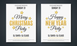 Set posters for Christmas and New Year party. Invitation card. The text is made of gold glitters. White background. The names of the DJ and club. Gold stars. Vector