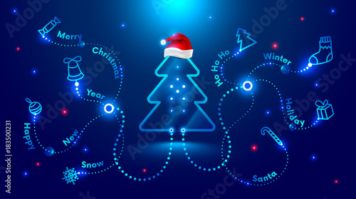 Christmas card in the style of new technologies, engineering, electronics. Christmas tree in red Santa Claus hat and surrounded by Christmas and new year symbols. Christmas sales and marketing