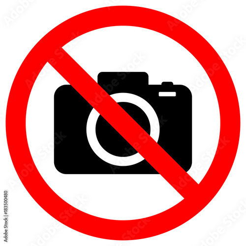 NO CAMERAS ALLOWED sign. Flat icon in red crossed out circle. Vector.