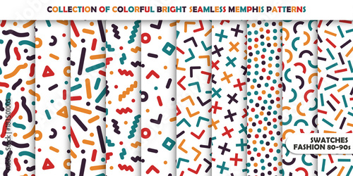Collection of bright colorful seamless patterns. Memphis mosaic design - retro fashion style 80-90s