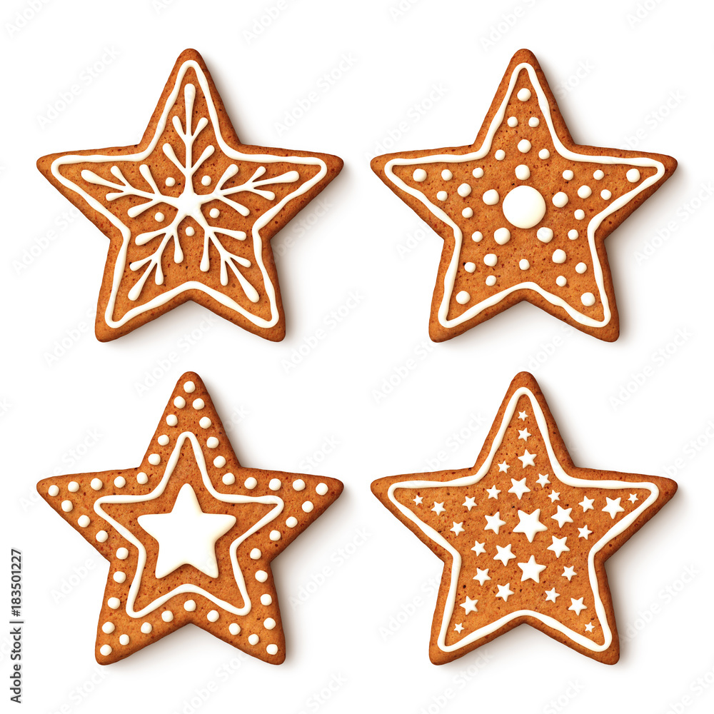 Set of gingerbread christmas star cookies with ornaments Set of gingerbread christmas star cookies with ornaments