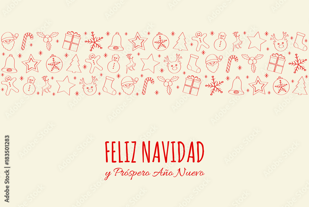 Feliz Navidad - Merry Christmas in Spanish. Concept of Christmas card with decoration. Vector.