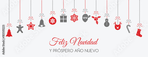 Feliz Navidad - Merry Christmas in Spanish. Concept of Christmas card with decoration. Vector.