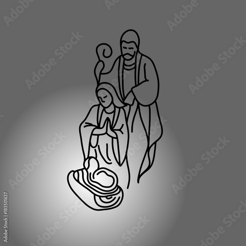 Nativity scene with Holy Family vector illustration doodle sketch hand drawn with black lines isolated on gradient gray background