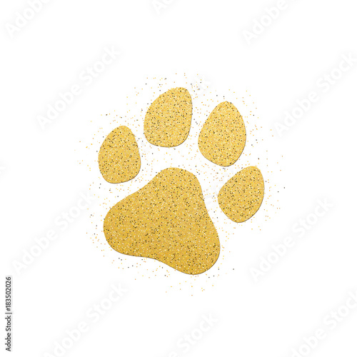 2018 new year of the dog. A dog's paw of gold glitters on a white background. Gold sand. Background for the banner. Vector photo