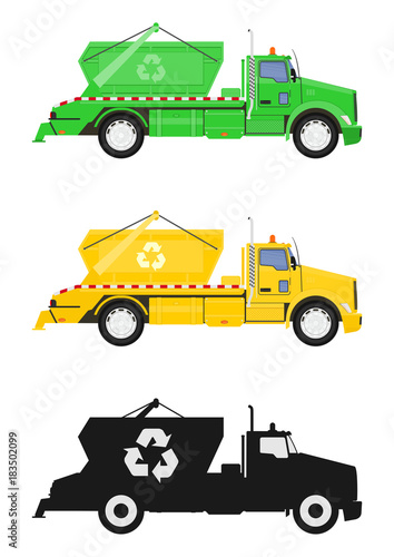 A set of three skip truck. Side view. Flat vector.