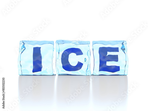 Ice word frozen in blue ice cubes photo