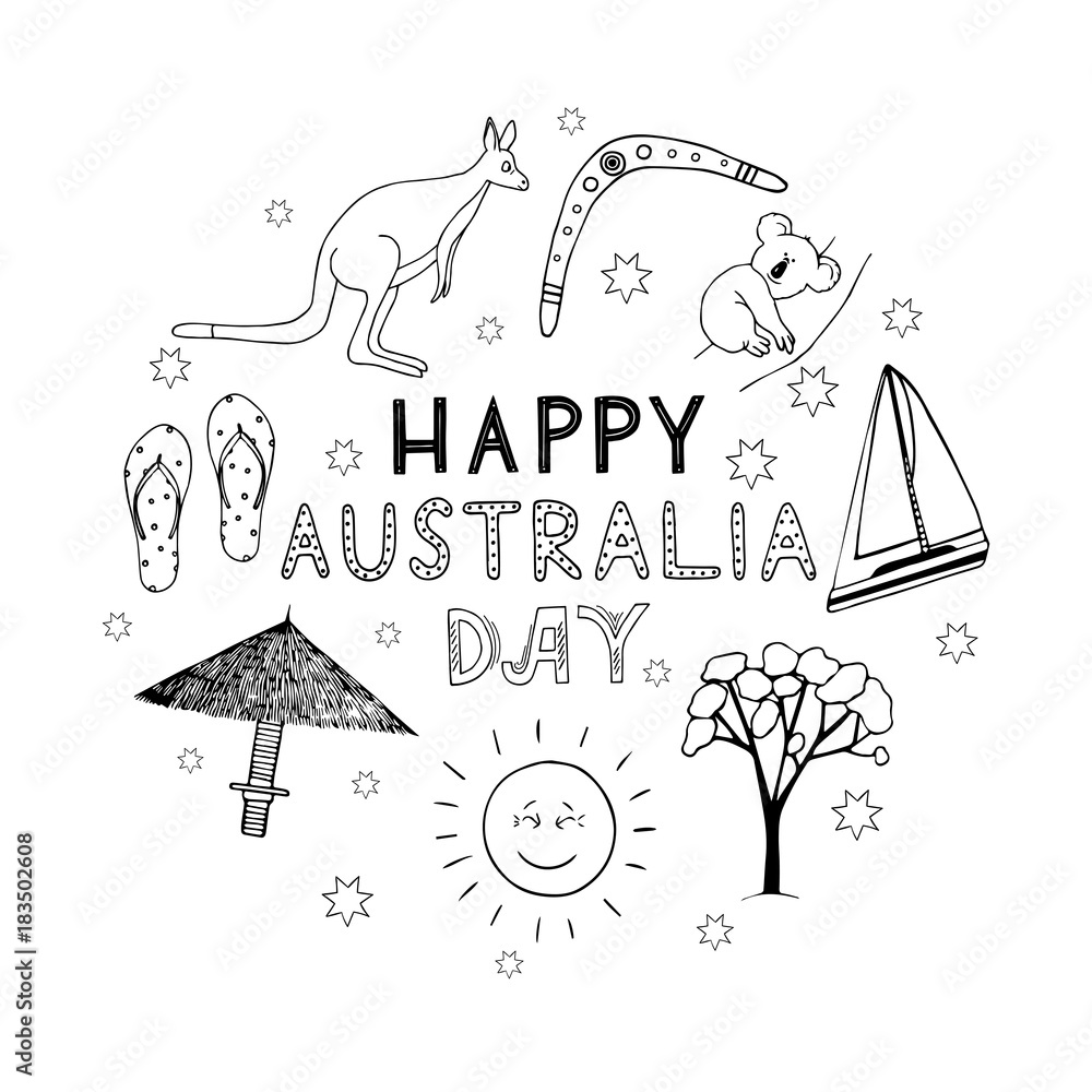 Hand drawn lettering with doodle australian symbols for Australia Day
