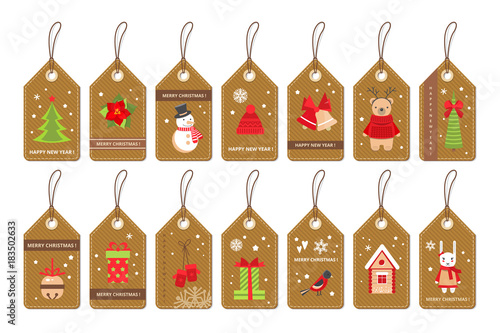 Set of paper christmas labels with flat style holydays elements . Vector .