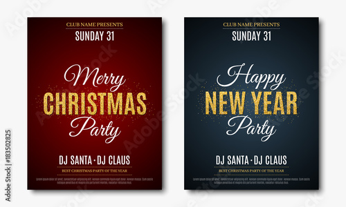 Set posters for Christmas and New Year party. Invitation card. The text is made of gold glitters. Red and blue backgrounds. The names of the DJ and club. Vector