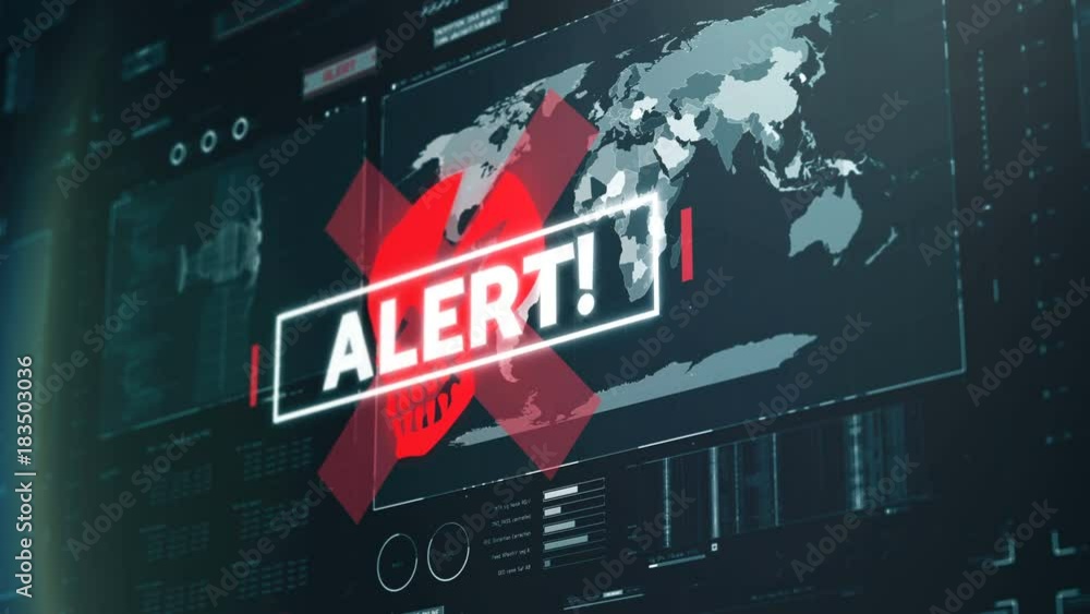 Red code alert, warning message on screen, system under attack ...