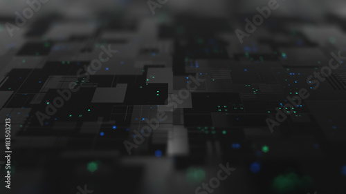 Abstract high tech digital technology background made of particles and metallic plates. 