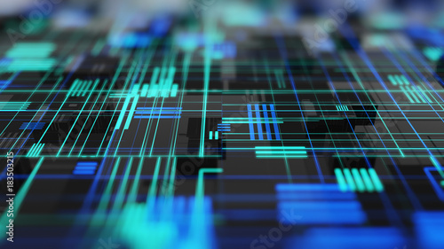 Abstract high tech digital technology background made of particles and metallic plates. 