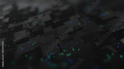 Abstract high tech digital technology background made of particles and metallic plates.  photo