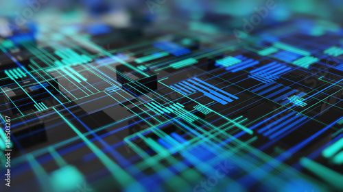 Abstract high tech digital technology background made of particles and metallic plates. 