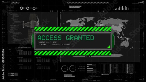 Access granted system message on screen, authorization, satellite control center. Program interface with access granted message, system login