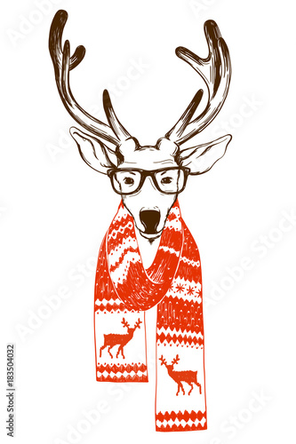 Portrait of a Christmas reindeer dressed in a winter scarf and hipster glasses. Vector illustration of a deer in hand drawn graphics.