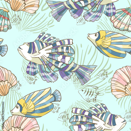 Seamless pattern with hand drawn sea fish and shells. Vector illustration.