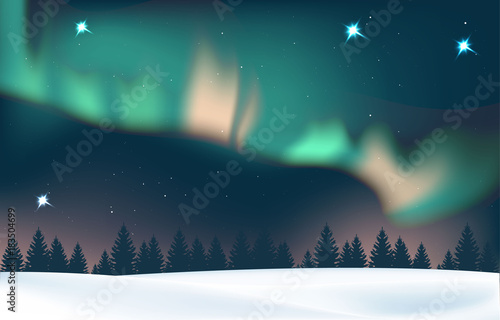 Winter landscape with aurora and forest. Illustration